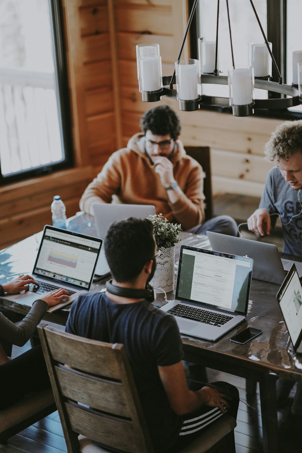 A diverse team collaborating in a bright workspace